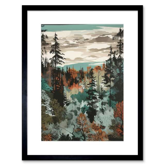 "Taiga Boreal Autumnal Colours Forest Landscape 9x7"" Black Framed Wall Art Print"