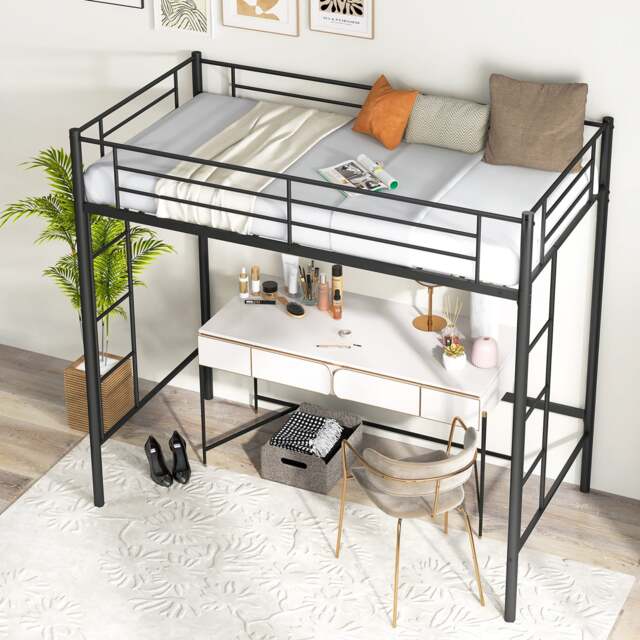 COSTWAY Metal Loft Bed Frame with Safety Guardrail Black