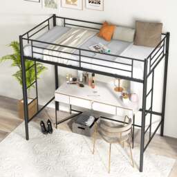COSTWAY Metal Loft Bed Frame with Safety Guardrail Black