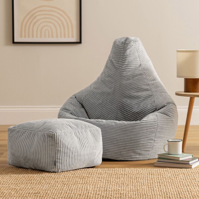 Dalton Cord Adults Bean Bag Recliner and Pouffe, Ready Filled Beanbag and Footstool Grey Grey Grey 1