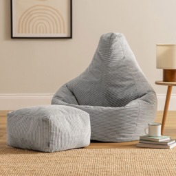 Dalton Cord Adults Bean Bag Recliner and Pouffe, Ready Filled Beanbag and Footstool Grey Grey Grey 1