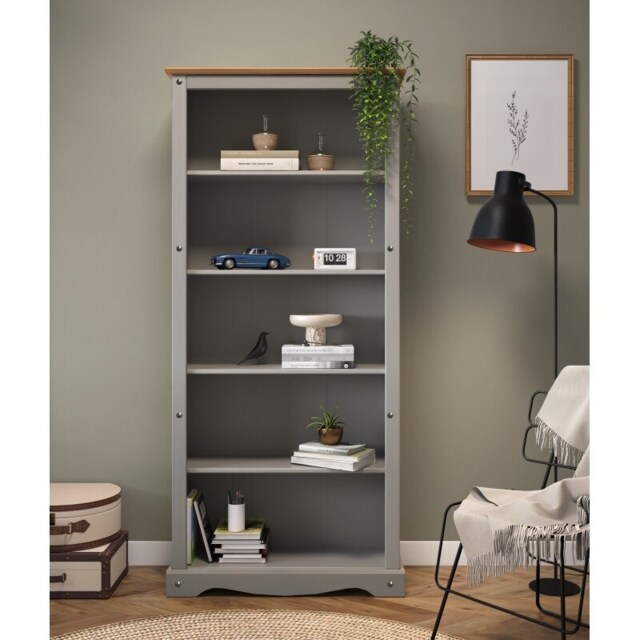 Mercers Furniture Corona Grey Wax Large Bookcase 5 Shelf Open Shelving Display Solid Wood Pine Wooden with Mexican Styling
