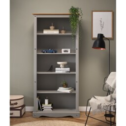 Mercers Furniture Corona Grey Wax Large Bookcase 5 Shelf Open Shelving Display Solid Wood Pine Wooden with Mexican Styling