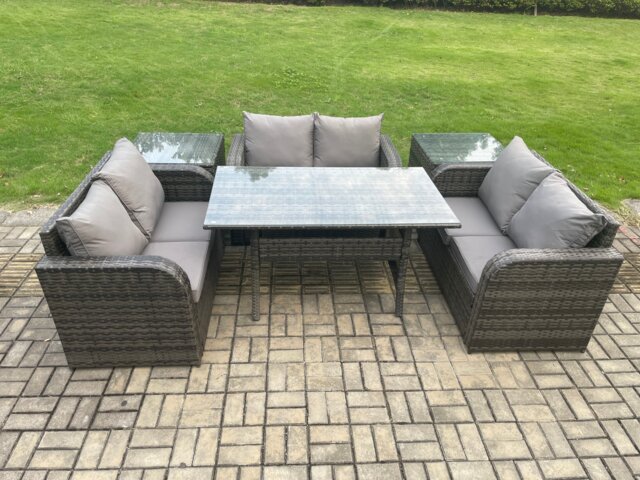 Fimous 6 Seater Outdoor Rattan Garden Furniture Set with Patio Love Sofa Rectangular Dining Table 2 Side Tables Dark Grey Mixed