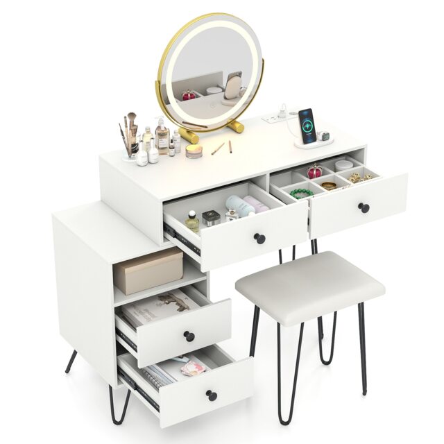 COSTWAY Makeup Vanity Desk Modern Dressing Table Set Mirror and Lights White