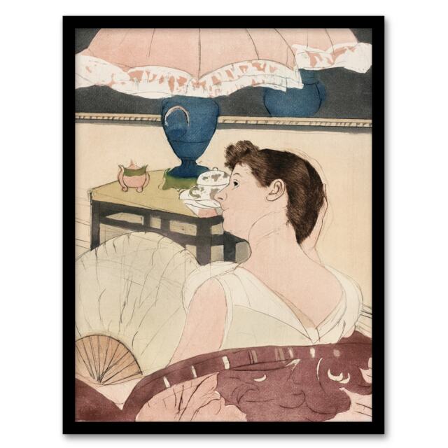 "The Lamp Woman With Fan Painting Cassatt Vintage Framed Wall Art Print 12X16"""