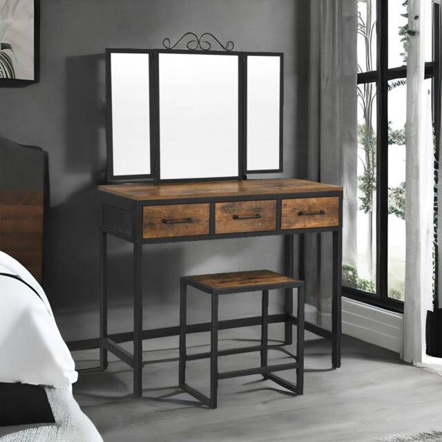 Industrial Rustic Brown Dressing Table With Mirror And Stool Brown