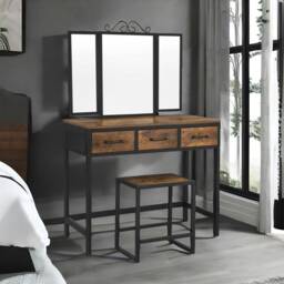 Industrial Rustic Brown Dressing Table With Mirror And Stool Brown