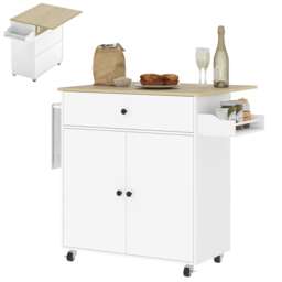 HOMCOM Kitchen Island with Drop Leaf, Rolling Kitchen Storage Trolley on Wheels with Drawer, Spice Rack and Towel Rack, Storage Cart with Adjustable Shelf, White