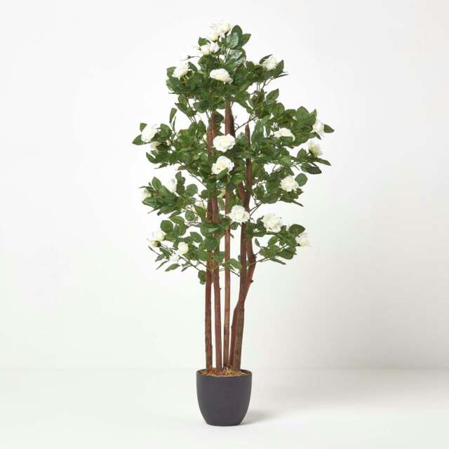 Homescapes Artificial Potted White Rose Tree with Green Leaves - 4 Feet