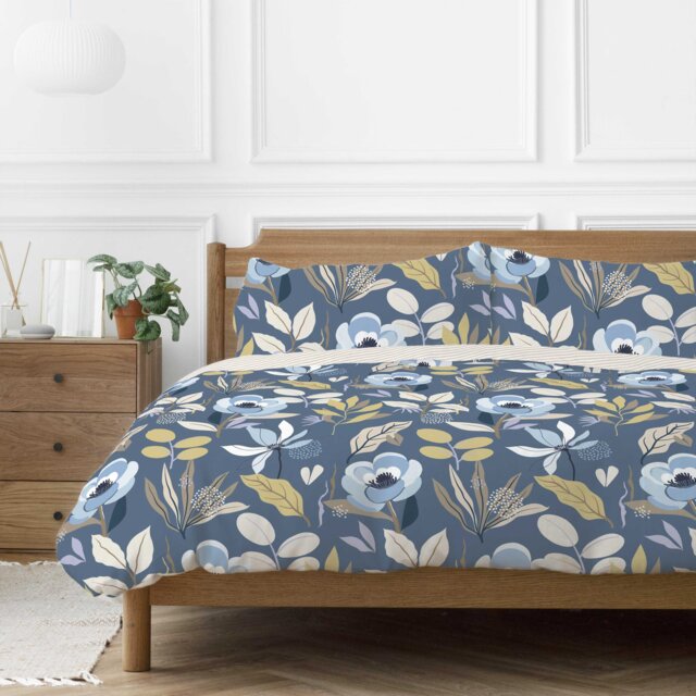 Copenhagen Home Mia Floral King Size Duvet Cover Set with Pillowcases - Blue