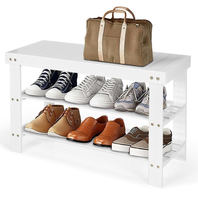 COSTWAY 3-Tier Bamboo Shoe Bench Shoe Organizer Entryway White White