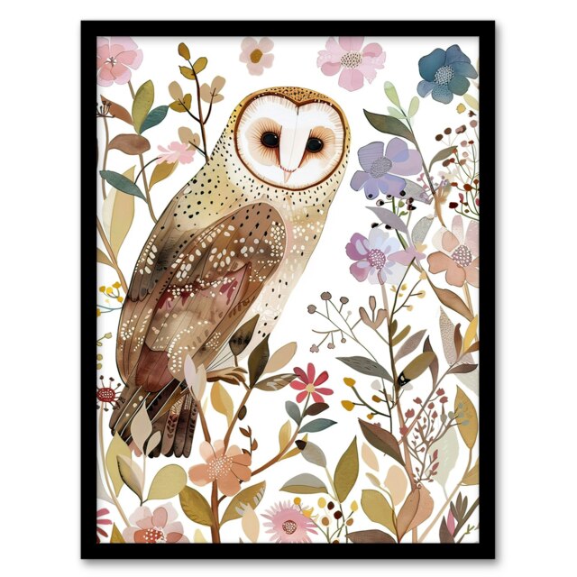 Barn Owl Bird with Wildflowers Floral Watercolour Black Framed Wall Art Print A4