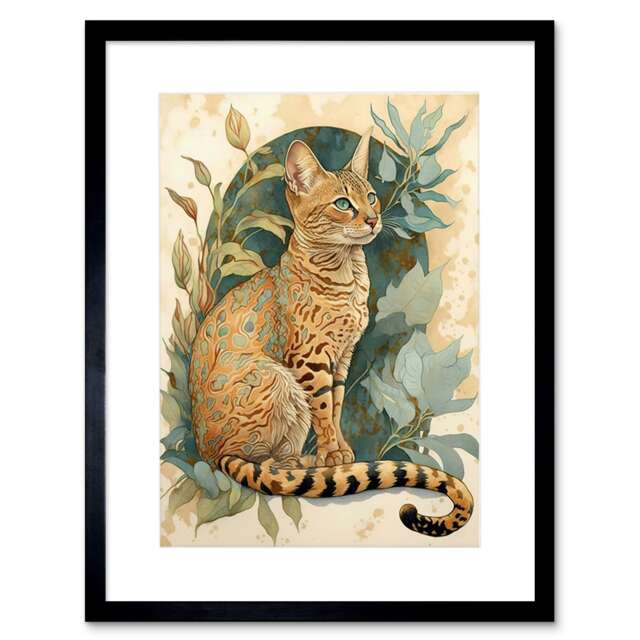 "Ocicat Cat Teal Rosette Pattern Fur Leafy Plants 9x7"" Black Framed Wall Art Print"