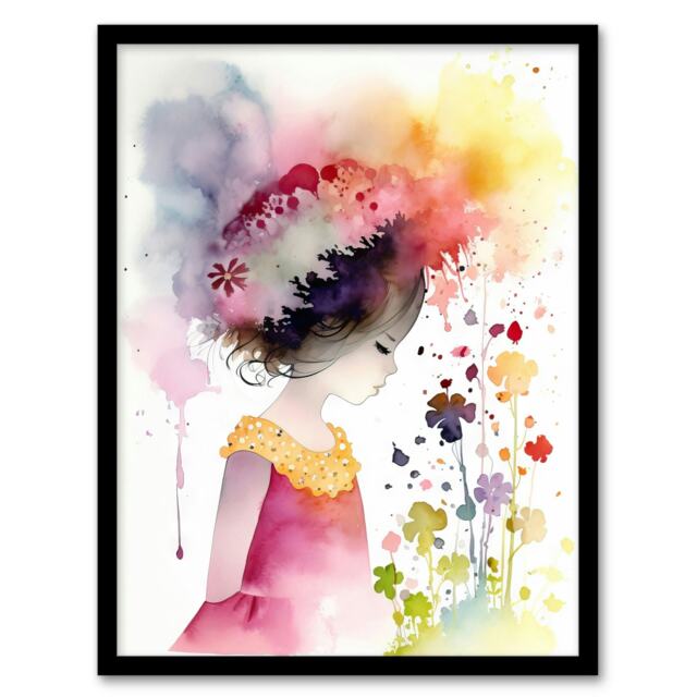 Girl Flower Meadow Watercolour Girls Bedroom Black Framed Wall Art Print A4
