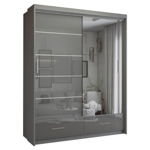 Spacious High Gloss Contemporary Wardrobe with Mirrored Sliding Doors and Drawers - Grey 150cm