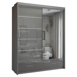 Spacious High Gloss Contemporary Wardrobe with Mirrored Sliding Doors and Drawers - Grey 150cm