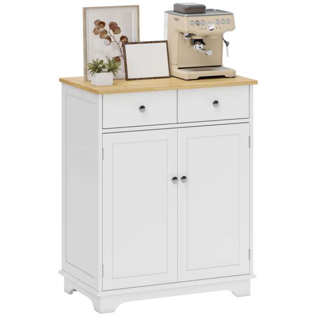 HOMCOM Kitchen Floor Cabinet Side Storage Cupboard Multi-use Sideboard Table with Solid Wood Top, Adjustable Shelf,Drawer for Dining Room, Living Room,Hallway