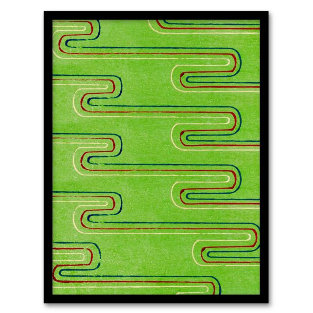 Furuya Korin Framed Wall Art Print Green Red Line Textile Pattern Home Décor