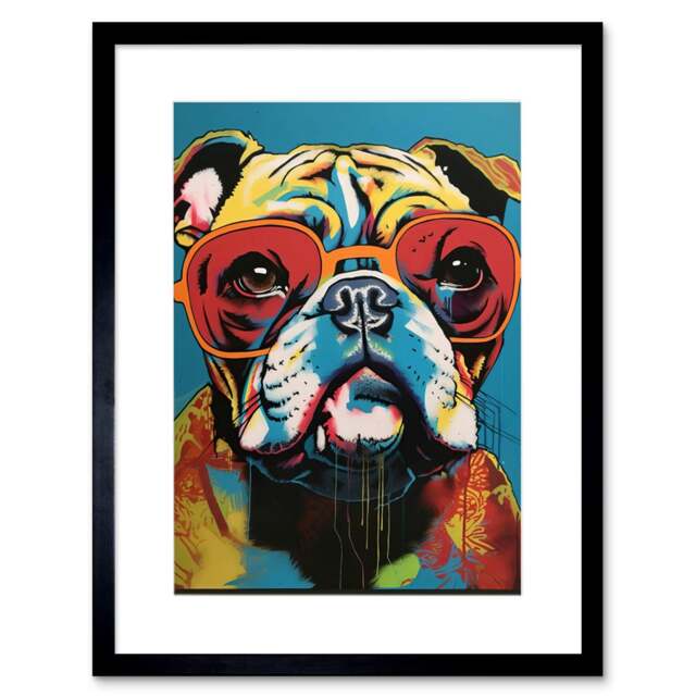 "English Bulldog Wearing Sunglasses Pop Art Dog Lover 9x7"" Black Framed Wall Art Print"