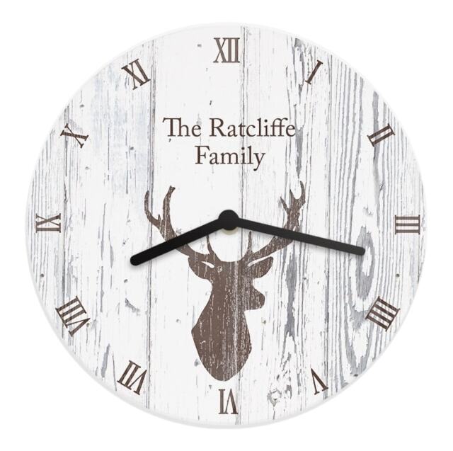 Personalised Highland Stag Shabby Chic Wooden Clock White