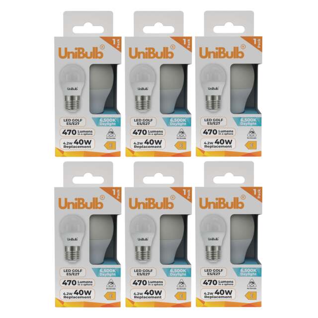 UniBulb LED Golf Ball E27 Edison Screw (ES) 470lm 4.2W (Replaces 40W) 6500K (Daylight) Light Bulb - Pack of 6 White Daylight 6