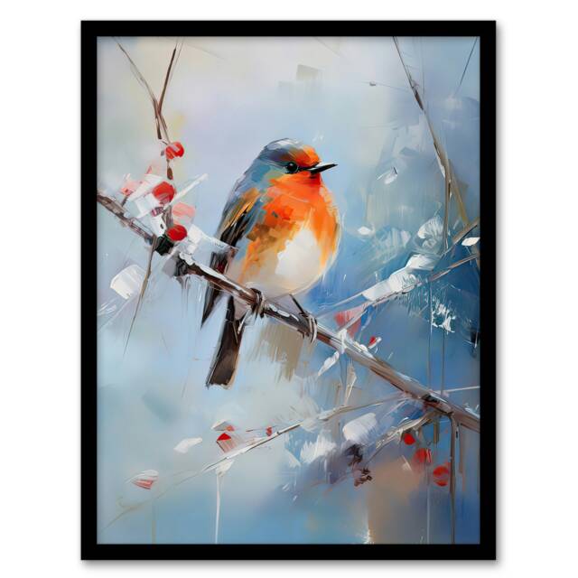 Winter Robin Bird On Tree Branch Oil Home Decor Black Framed Wall Art Print A4