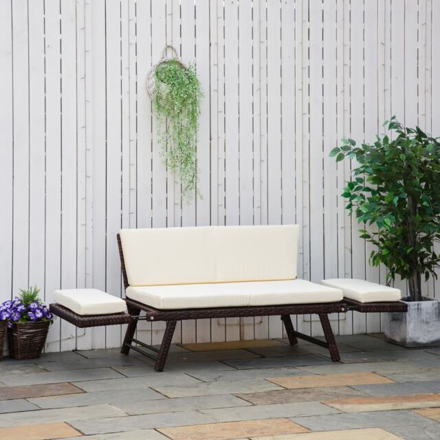 Outsunny 2 in 1Rattan Folding Chaise Lounger w/ Cushion for Garden Beige Brown