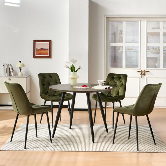 SONARA Grey Marble Round Dining Table and Velvet Chairs Set, Modern 4 Seater for Dining Room