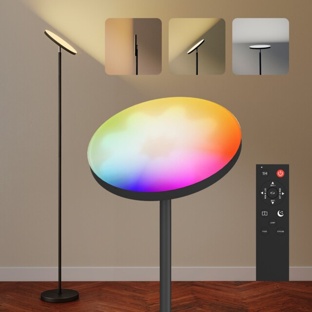 HOMCOM RGB Uplighter Floor Lamp, Tall Dimmable Standing Lamp with Remote & Touch Control, 350 Rotatable Head for Living Room Bedroom, 2700K-6000K Colour Temperatures, Black