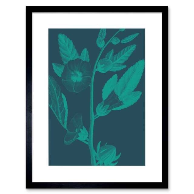 "Navy Blue Teal Flowers Floral Botany Design Plant Lover 9x7"" Black Framed Wall Art Print"