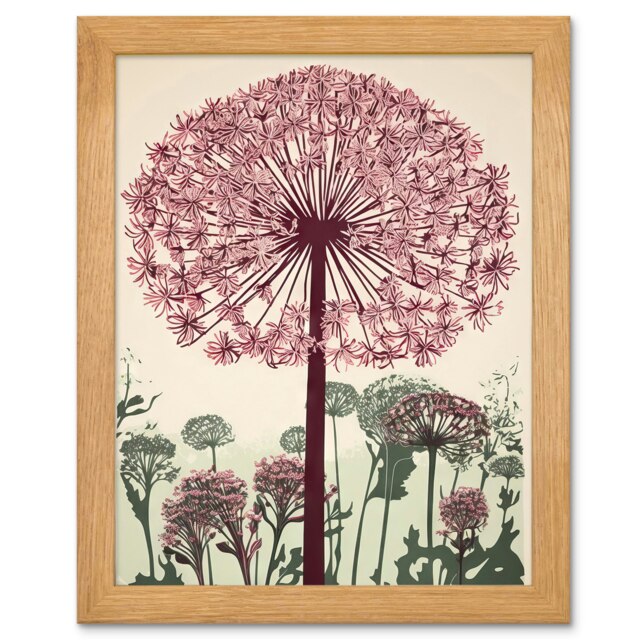 Allium Flower Blooms Pink Green Wildflower Wood Framed Wall Art Print