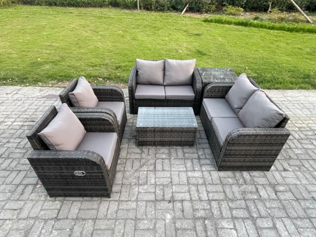Fimous Rattan Garden Furniture Set 6 Seater Patio Outdoor Lounge Sofa Set with 2 Reclining Chairs Rectangular Coffee Table Side Table Dark Grey Mixed