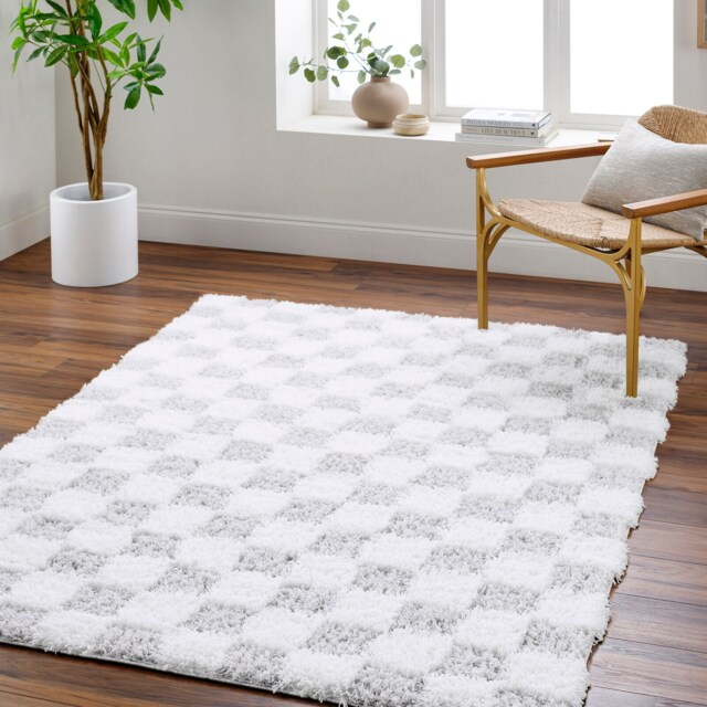 LIVABLISS Urban Shaggy-Modern Checkered Soft Plush Pile Rug 200 x 290 cm Ivory Grey