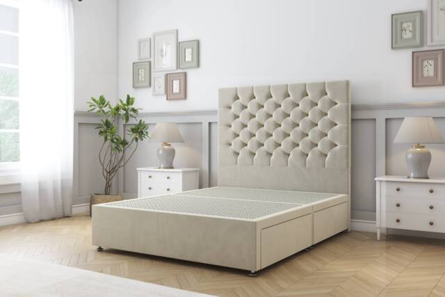 Sloomy Mayfair Cream Plush Divan Bed Base 2 Drawers Same Side With 54 Inch Floor Standing Headboard Cream Cream Small Single 1