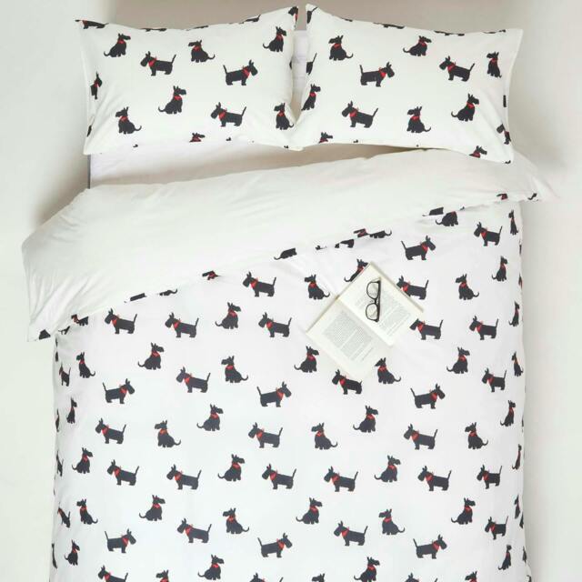 Homescapes Scottie Dog Digitally Printed Cotton Duvet Cover Set - Double White Double