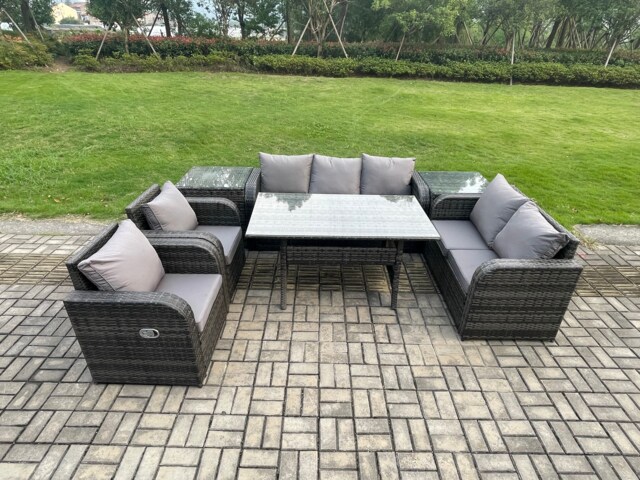 Fimous Dark Grey PE Wicker Rattan Garden Furniture Set Reclining Chair Love Sofa 2 Seater Sofa Set Outdoor Rectangular Dining Table 2 Side Tables 7 Seater