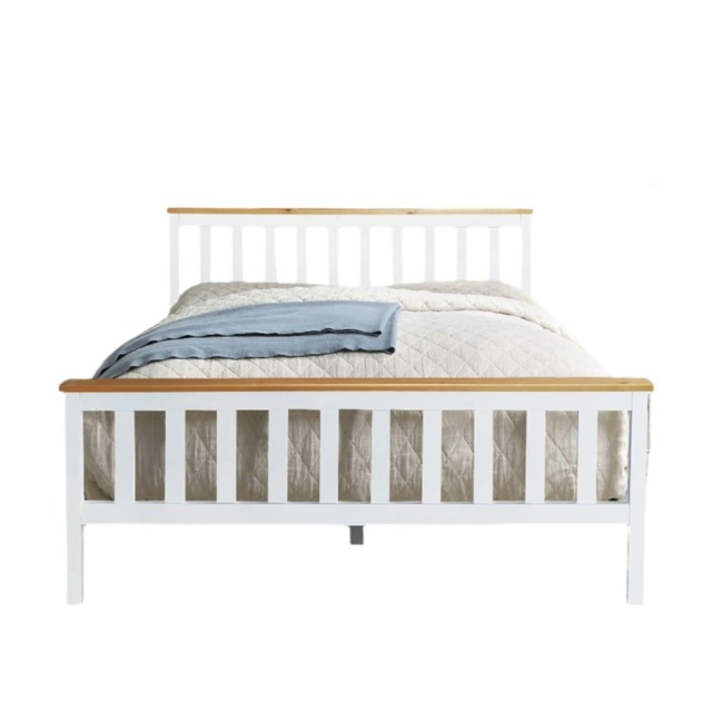 4ft6 Double Wooden Bed Frame In White With Caramel Bar