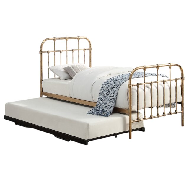 Camden Antique Brass Distressed Effect Hospital Style Metal Single Bed Frame & Guest Trundle