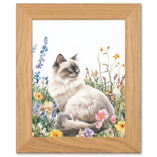 Ragdoll Cat Lover Pet Wildflower Floral Portrait Art Oak Wood Framed Wall Print