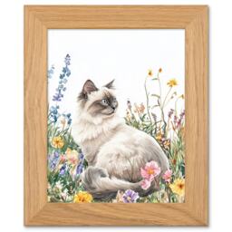 Ragdoll Cat Lover Pet Wildflower Floral Portrait Art Oak Wood Framed Wall Print