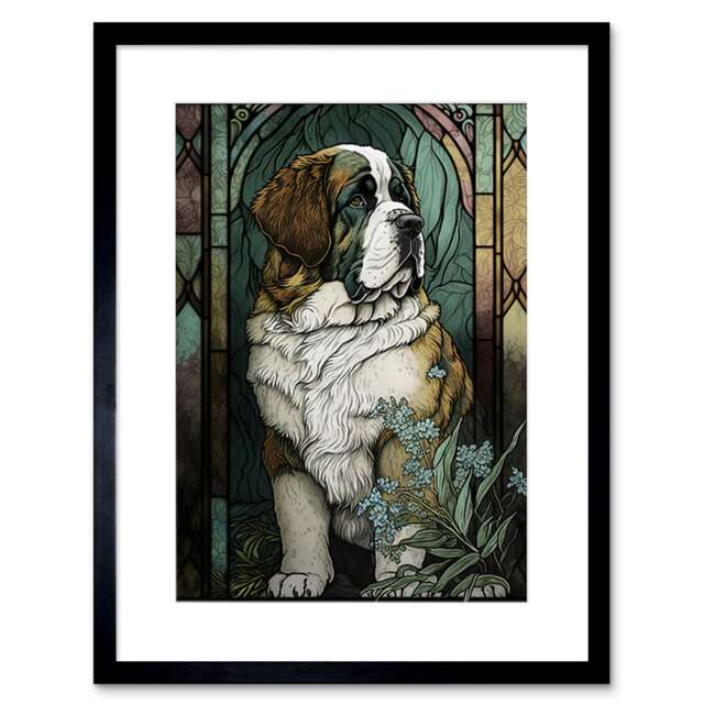 "St Bernard Dog Lover Gift Art Nouveau 9x7"" Black Framed Wall Art Print"