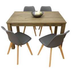 Modern Rustic Effect Wood Dining Table Set With 4 Grey Plastic Chairs Dining Furniture Set