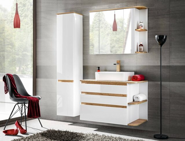 Floating Bathroom Cabinets Furniture Set with Countertop Vanity Sink Unit Wall Hung Tallboy Mirror White Gloss Oak Finish Plat