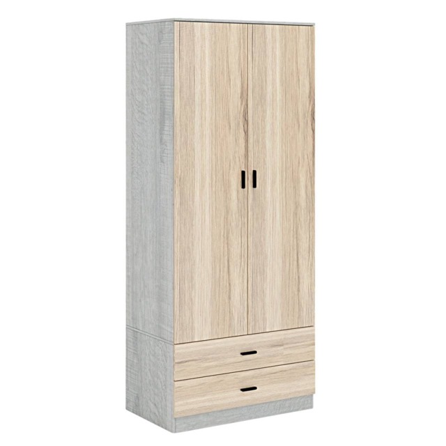 2-Door 2-Drawer Wardrobe with Storage Shelf, and Hanging Space - 180x75x46cm Grey Ash Grey & Oak 1