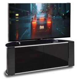 "MDA Designs Sirius 850 Remote Friendly Beam Thru Glass Door Gloss Piano Black with Black Front Profiles & Silver Trim up to 40"" LCD/Plasma/LED Cabinet TV Stand Multi 1"