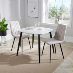 Aspen White 80cm Square Dining Table with 2 Upholstered Cord Fabric Straight Stitch Chairs - Compact Modern Dining Set White Natural 1