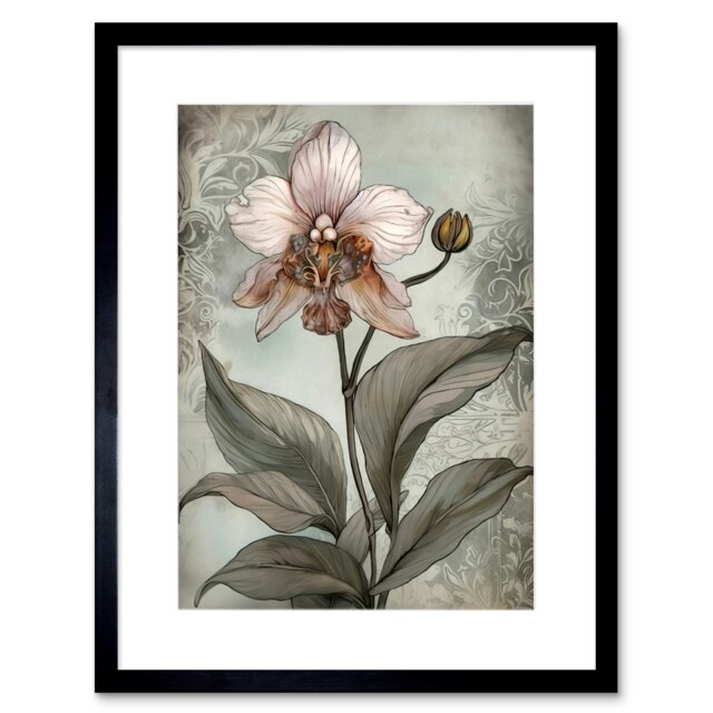 "Art Nouveau Pink Orchid Bloom Flower Watercolour 9x7"" Black Framed Wall Art Print"