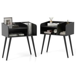 COSTWAY Set of 2 Nightstand with Open Shelves Black Black