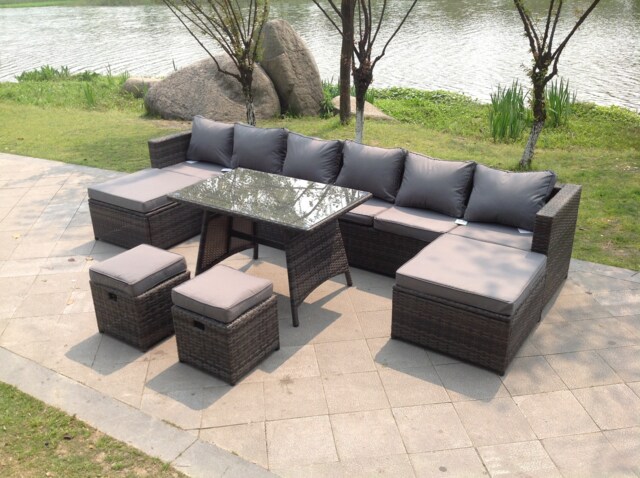 Fimous Lounge Rattan Garden Furniture Sets Dining Table Big Footstools And Small Stools